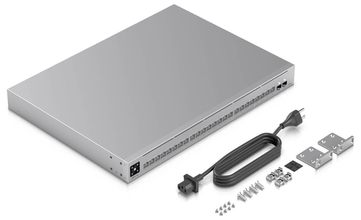 Grey network switch with cable, mounting brackets and screws for installation.