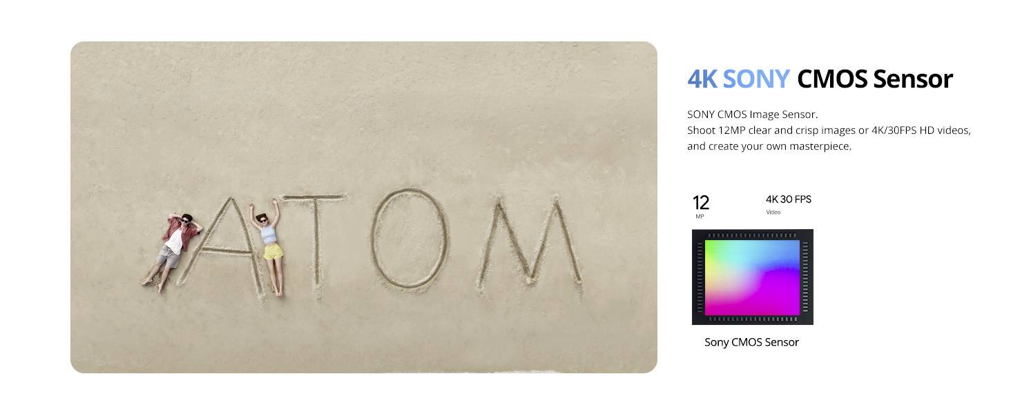 'ATOM' written in the sand with two people lying by the 'A'. Text alongside promotes Sony 4K CMOS Sensor with 12 MP and 30 fps.