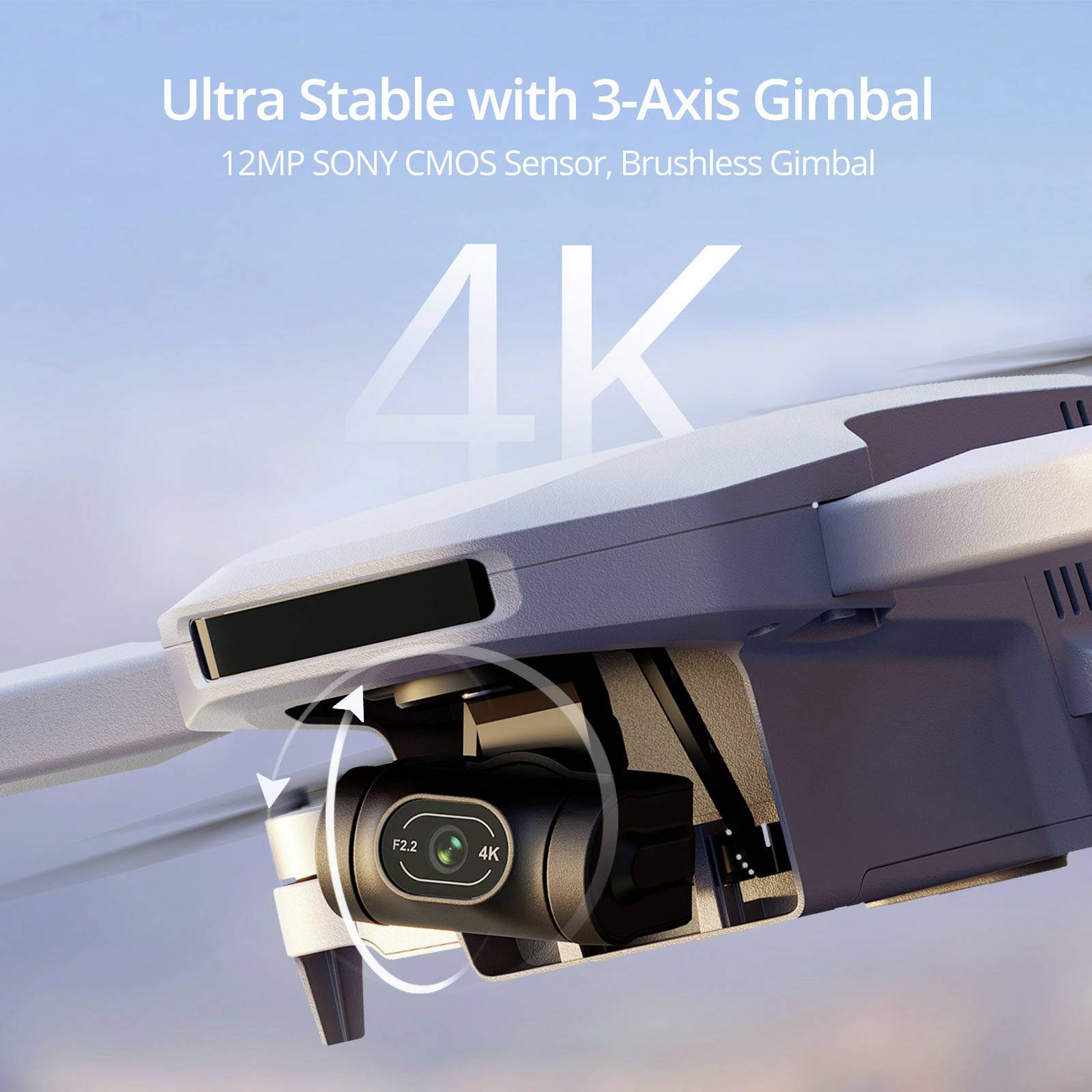 Drone with 3-axis gimbal, 12MP CMOS sensor and 4K resolution, provides stable image quality for aerial photography.