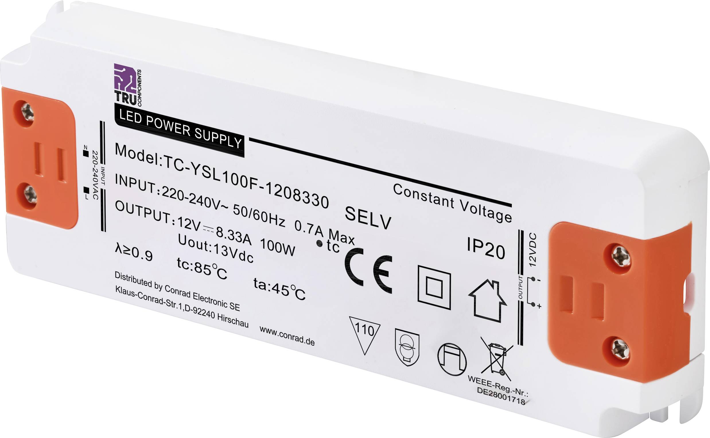 Power supply for LED, Model TC-YSU100F-1208330, Input: 220-240V, Output: 12V, 8.33A, 100W. Protection class IP20, Temperature range: -20°C to 45°C.