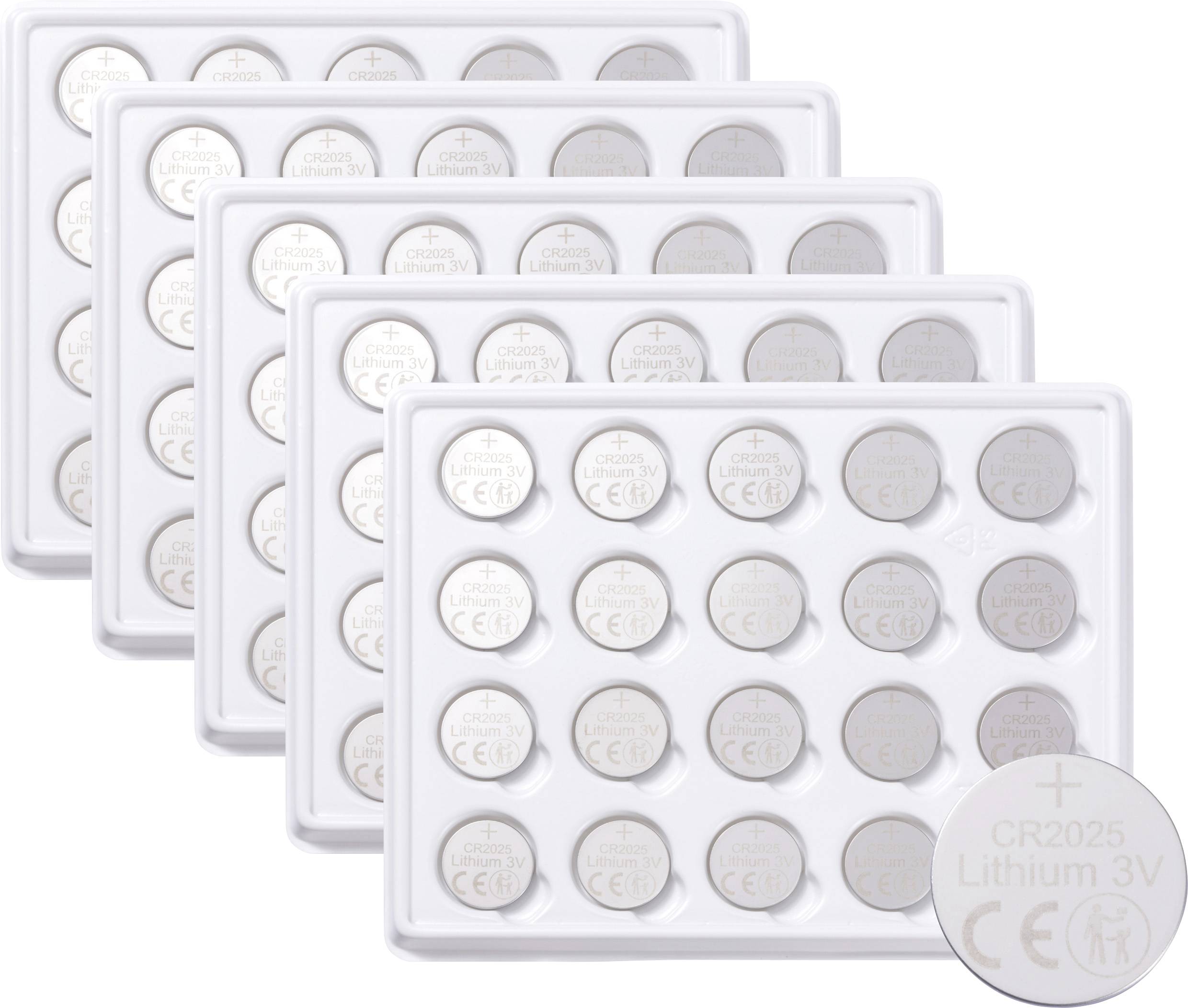 Five blister packs of CR2025 lithium 3V batteries, each pack containing 20 button cell batteries.