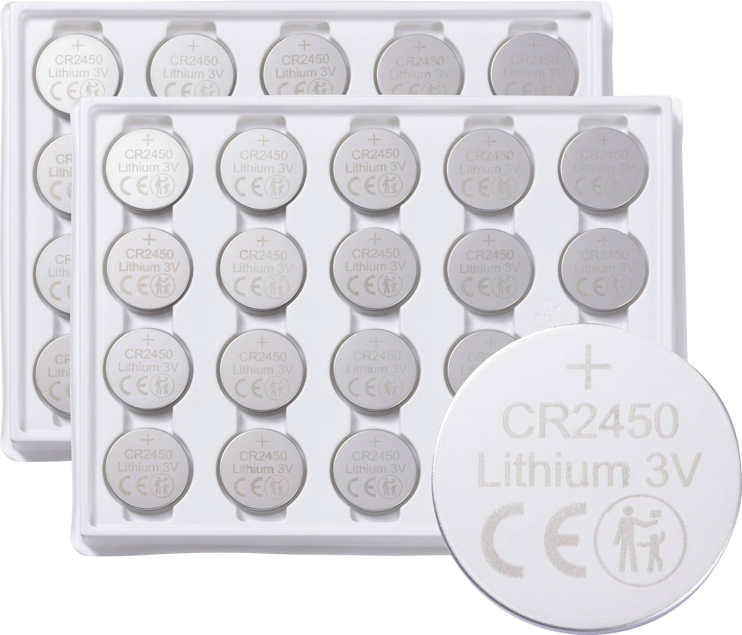Two trays each containing 20 CR2450 lithium 3V coin batteries, with one battery shown separately displaying its label details.