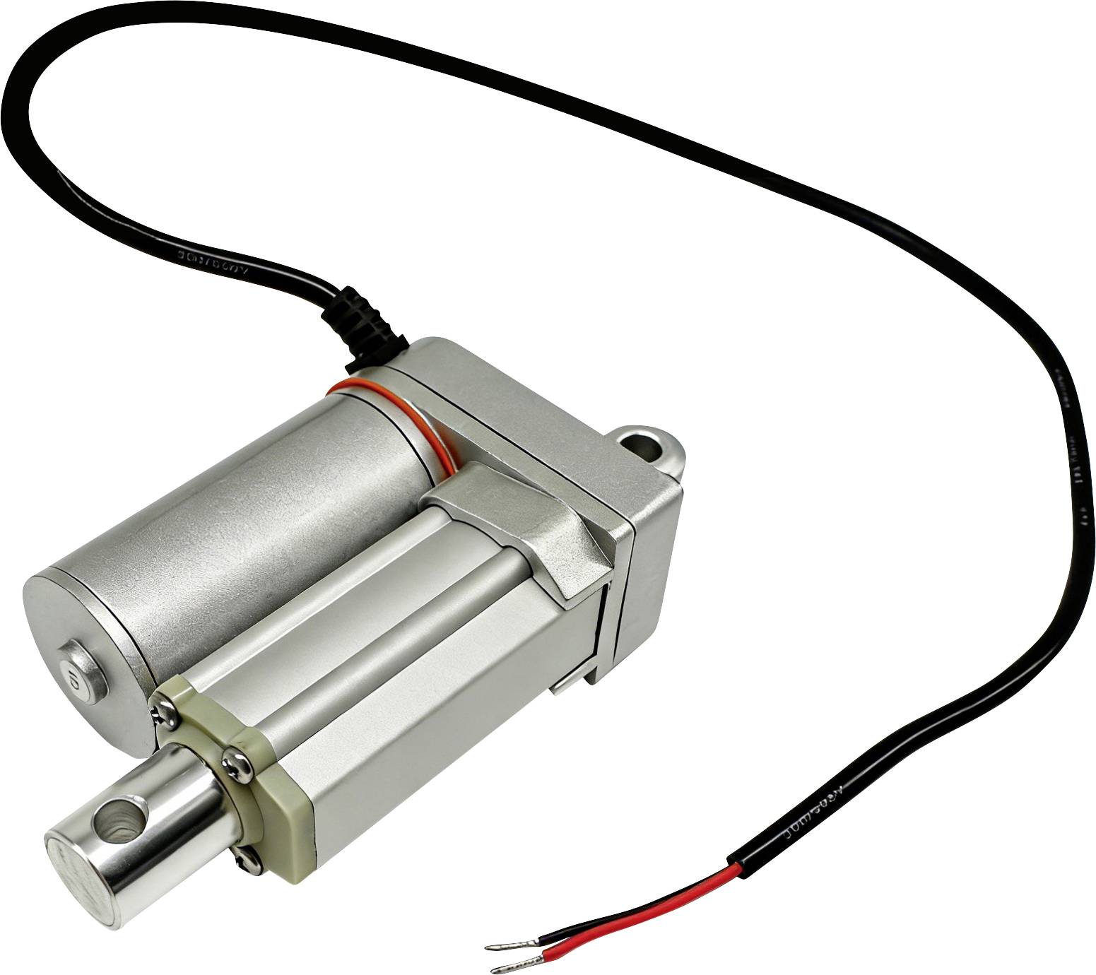 Electric linear actuator with attached power cable and metal mounting eyelet on a white background.