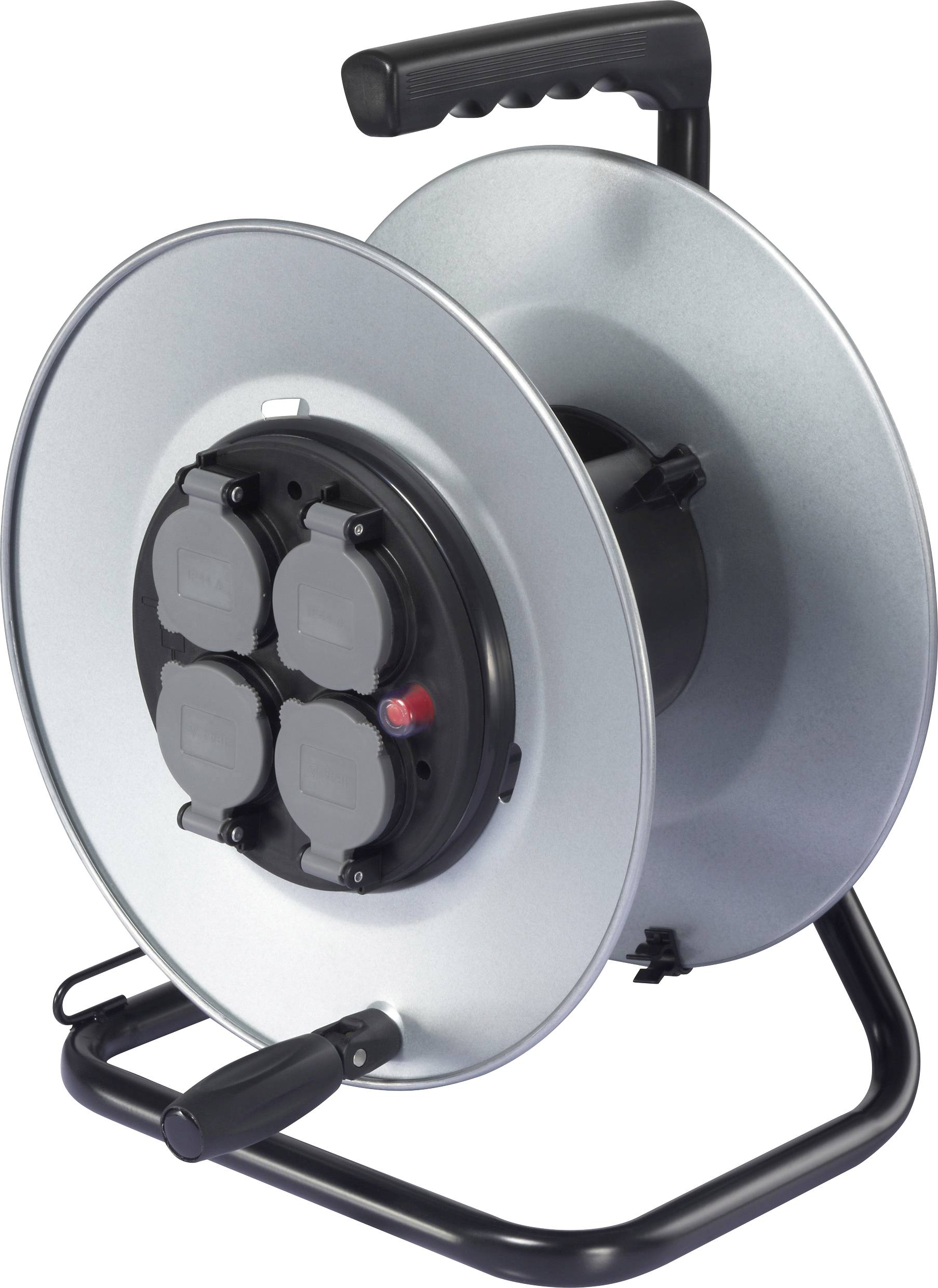 Cable reel with handle and four plug sockets, mounted on a sturdy metal frame.