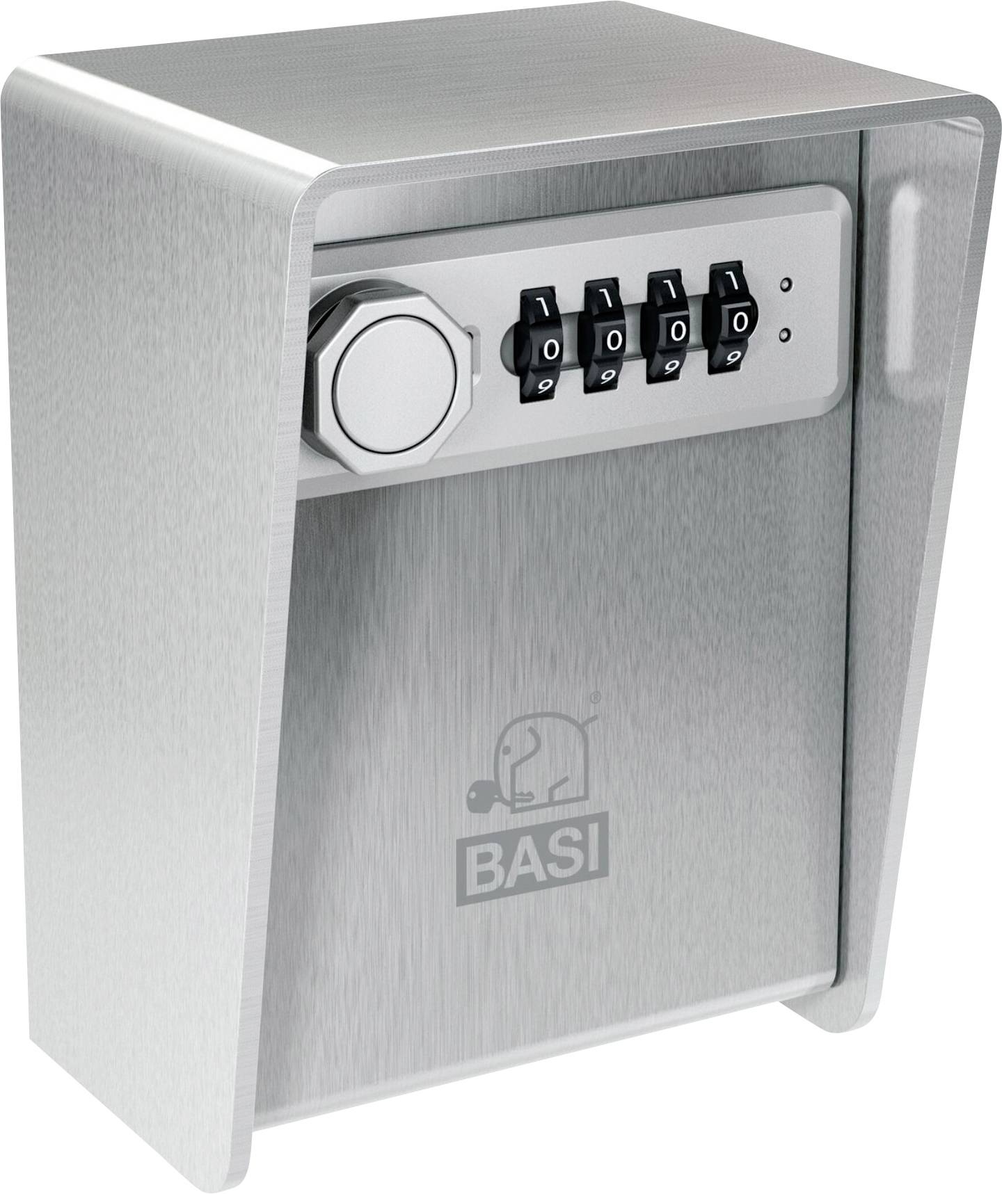 Metal key safe with four-digit numeric combination and BASI logo on the front.