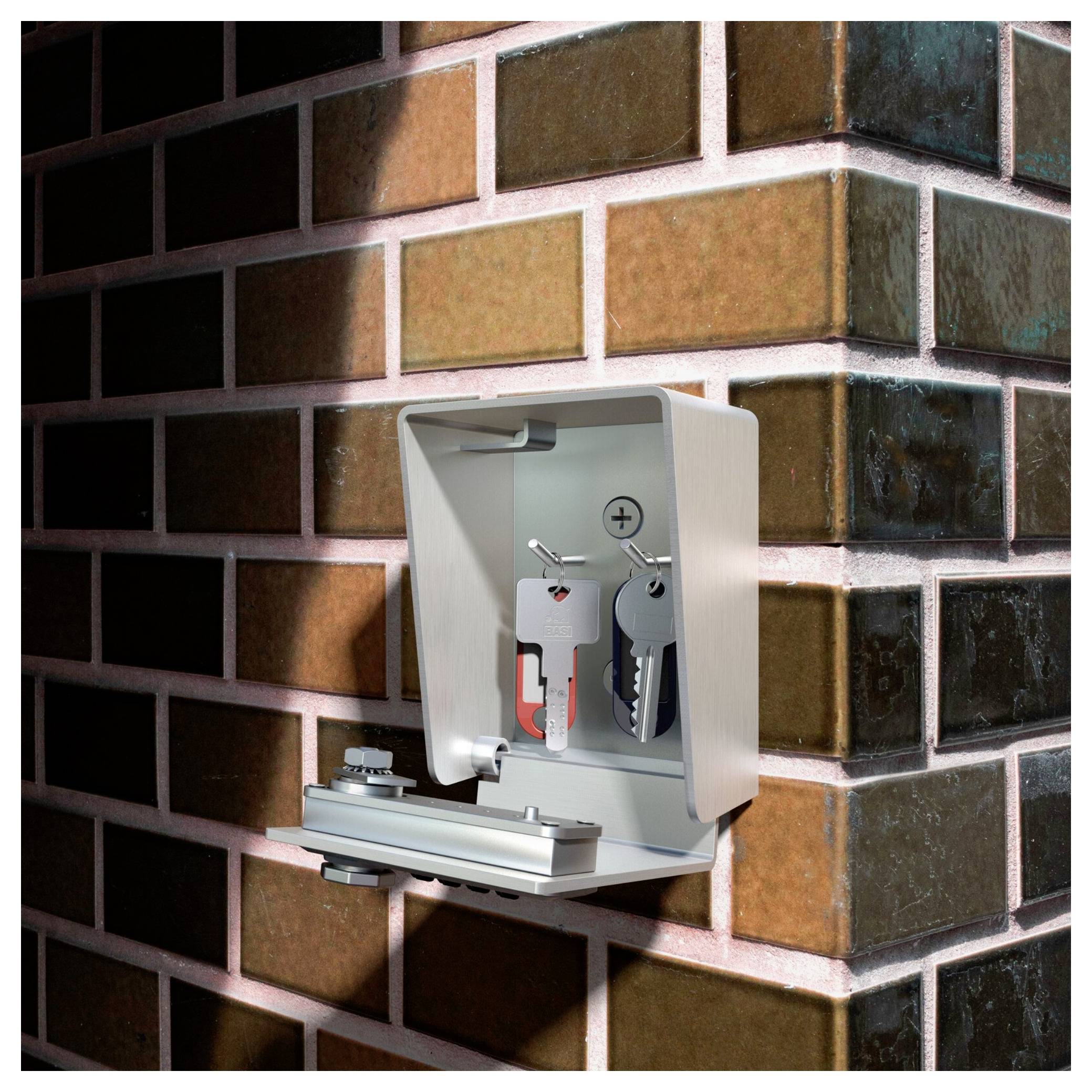 A wall-mounted key safe on a brick wall, open to reveal two keys hanging inside. The safe has a numeric combination lock.