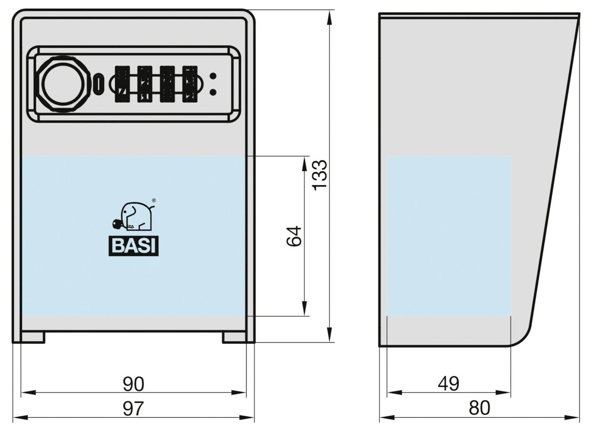 A technical drawing of a safe with combination lock, labeled 'BASI'. Front and side view dimensions: 97x133 mm, 80 mm depth.