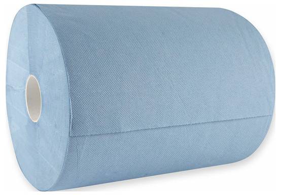 Large blue roll of paper towels for industrial or commercial applications, viewed from the side.