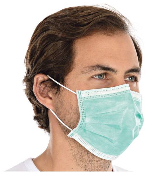 A person is wearing a blue surgical mask, shown in profile view.