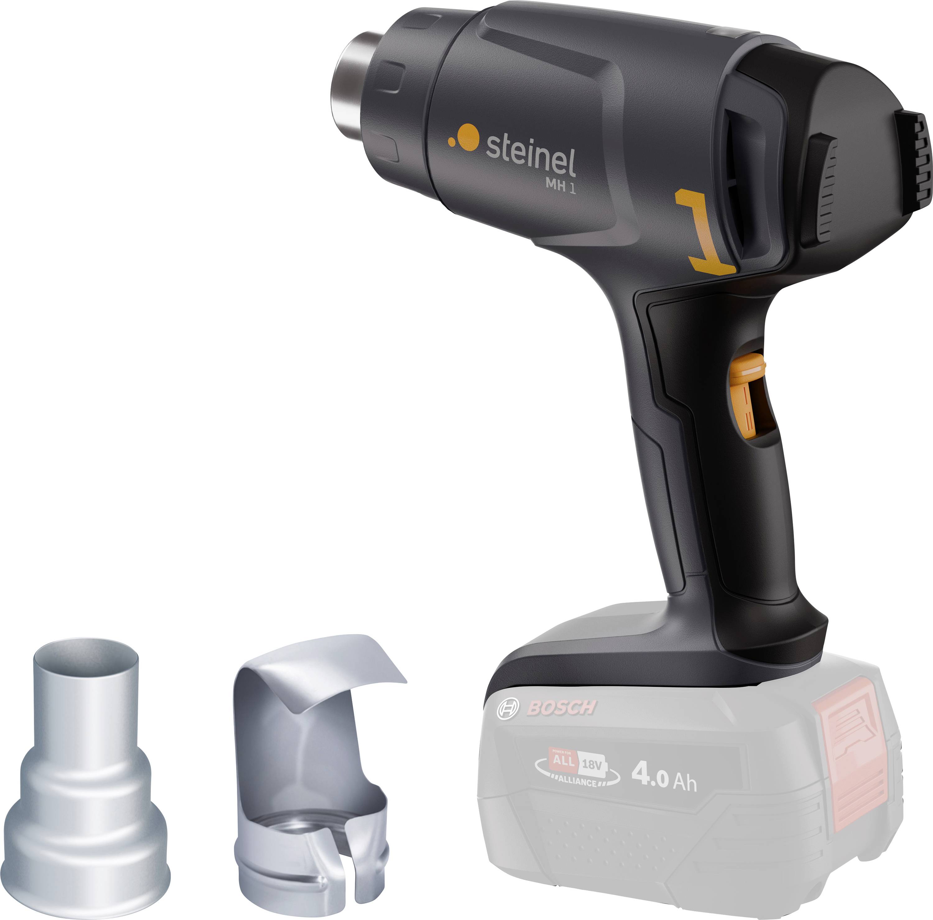 A Steinel heat gun with two nozzle attachments displayed on a surface.