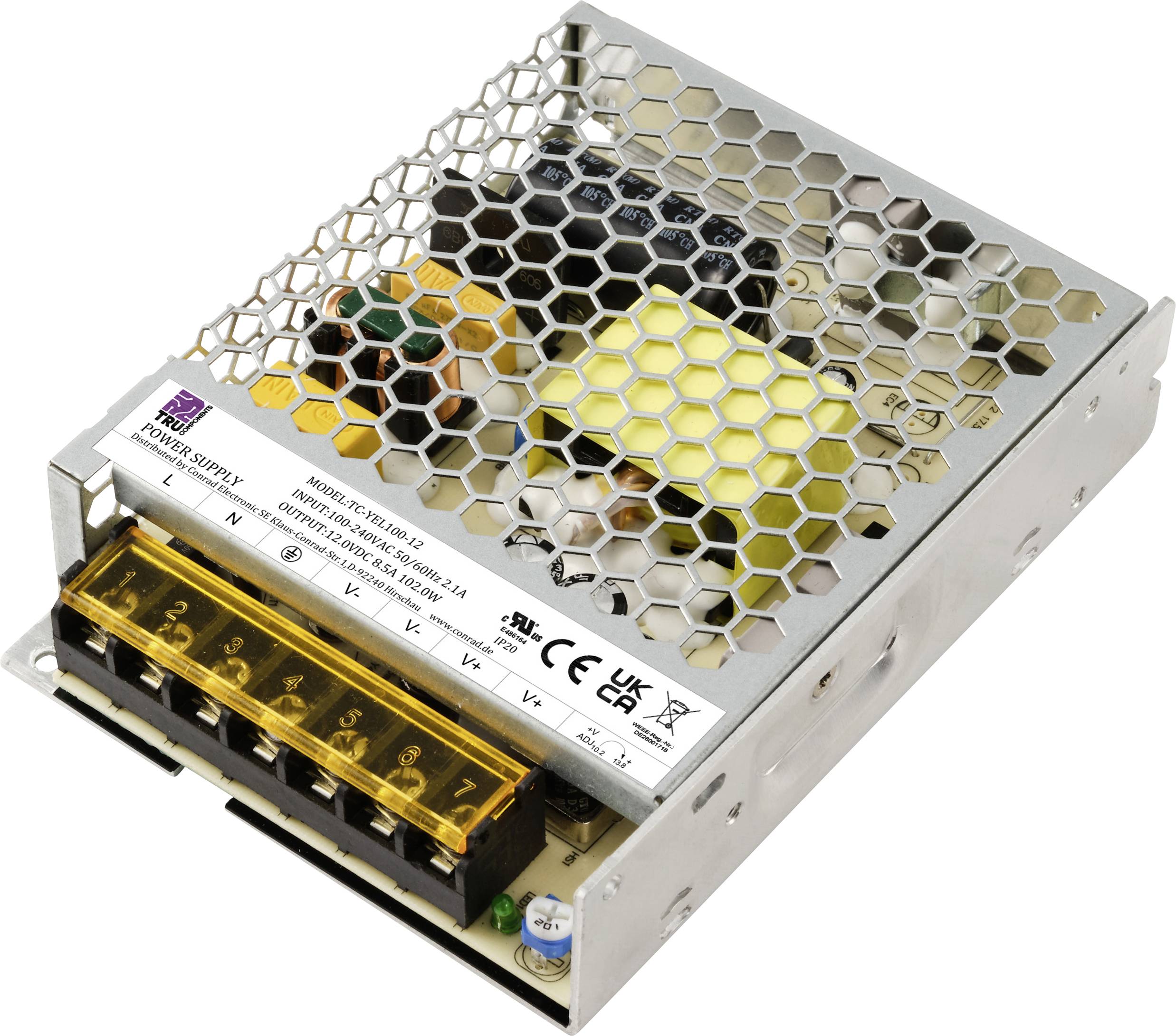 Metallic switch-mode power supply with honeycomb-style ventilation and electrical components inside, focusing on front-facing connections and specifications.