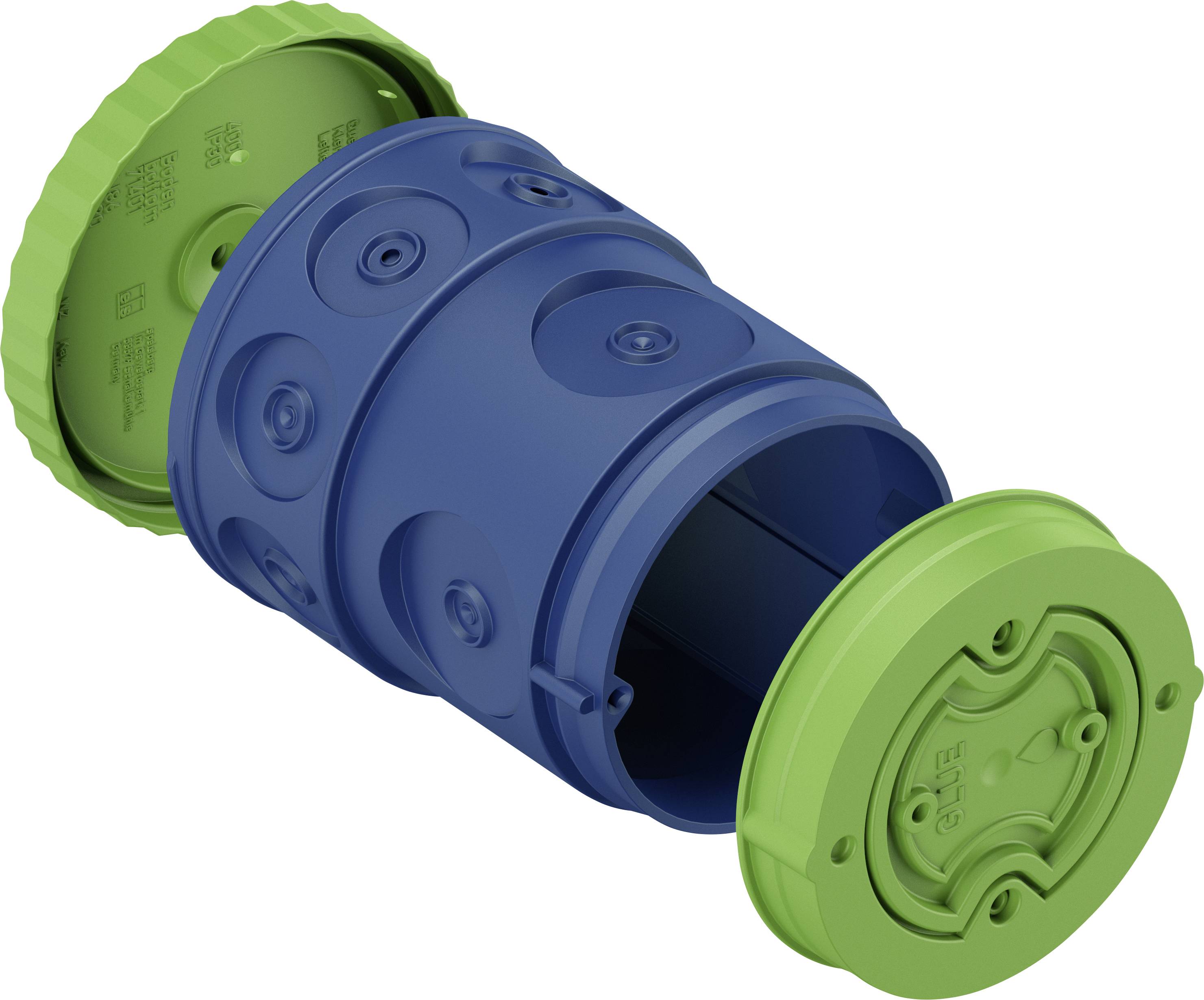 Blue-green cylindrical container with a removable lid, showing grooved pattern and closure mechanism, used for storage.