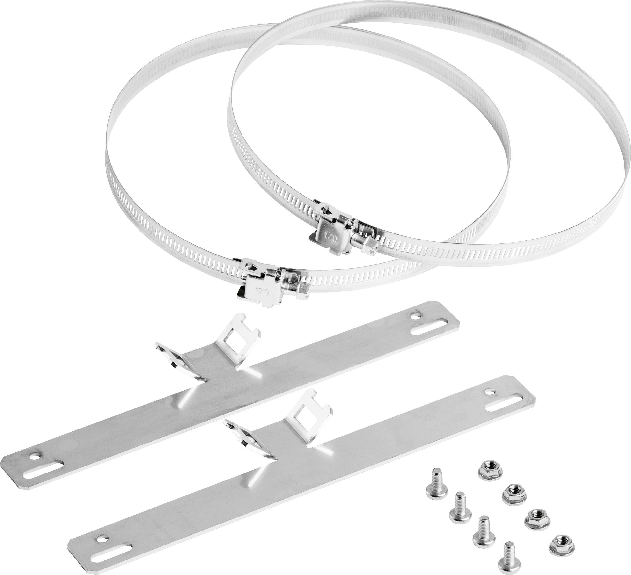 Two metal mounting straps with a bracket and six screws for fixing to walls or other surfaces.
