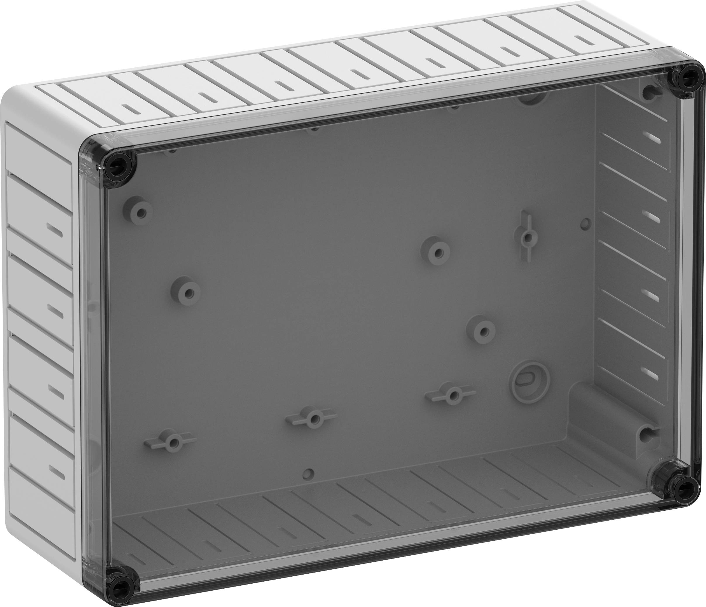 Rectangular, transparent plastic enclosure with a removable lid, suitable for electronic components.
