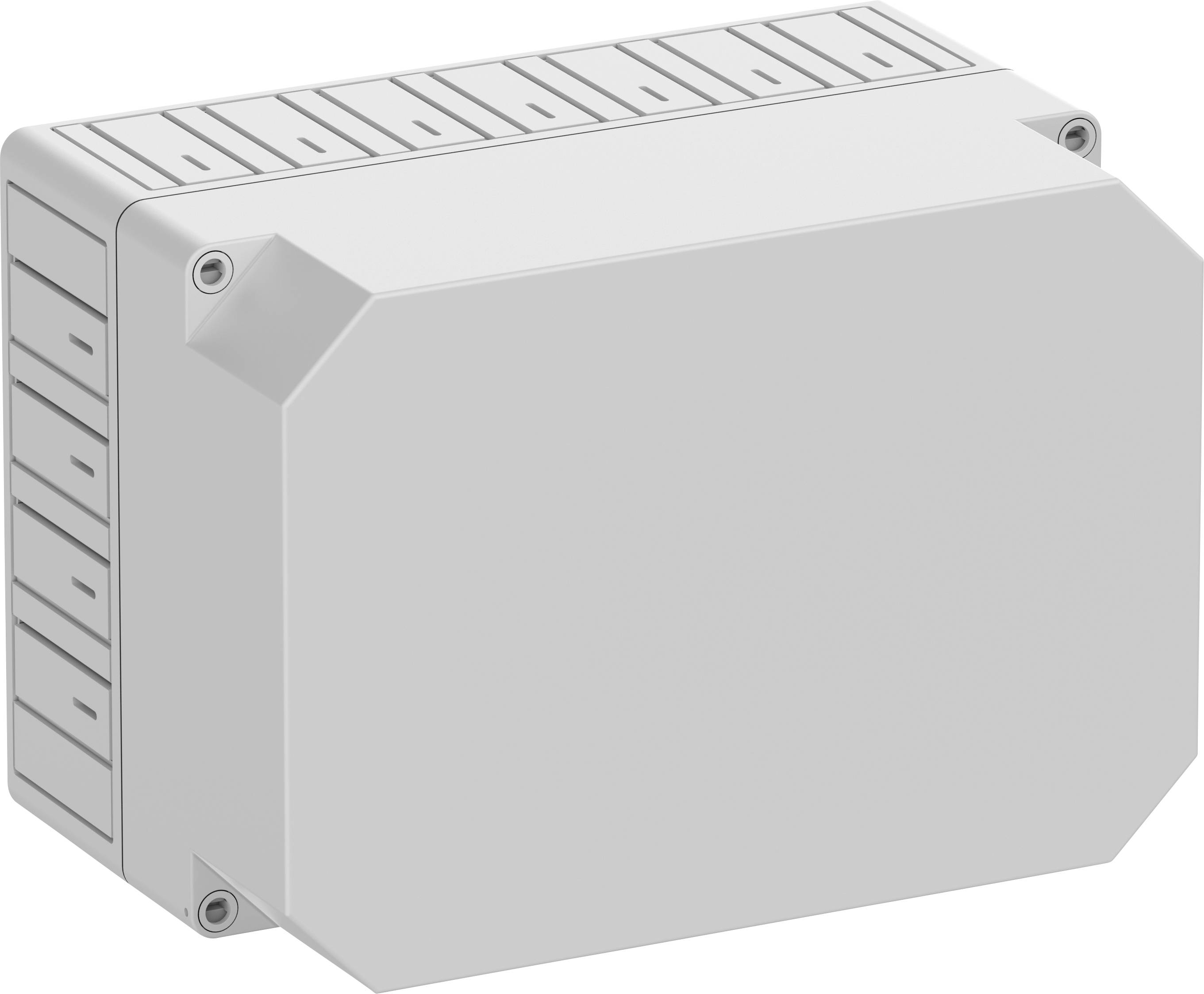A grey, rectangular plastic enclosure with rounded corners, suitable for electronic components.