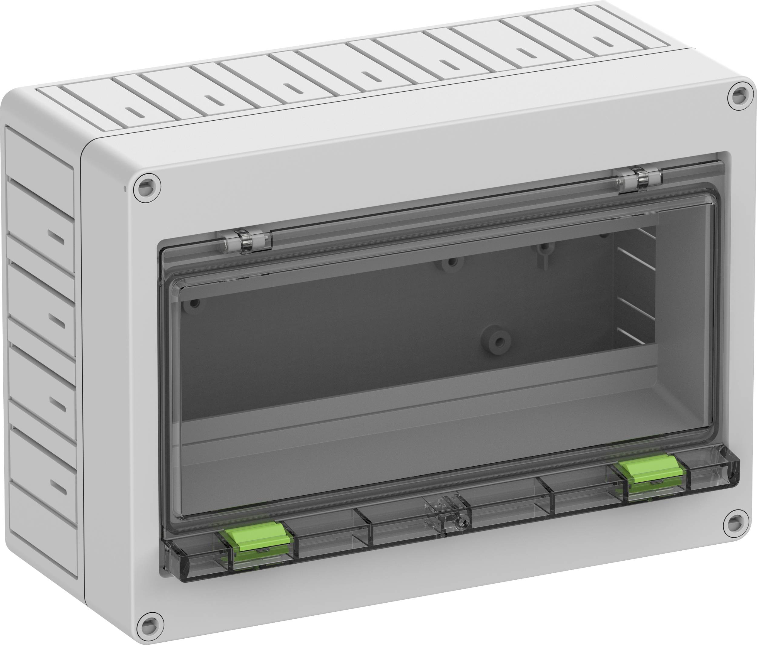 A grey, rectangular plastic enclosure with a transparent lid, suitable for the installation of electrical components.