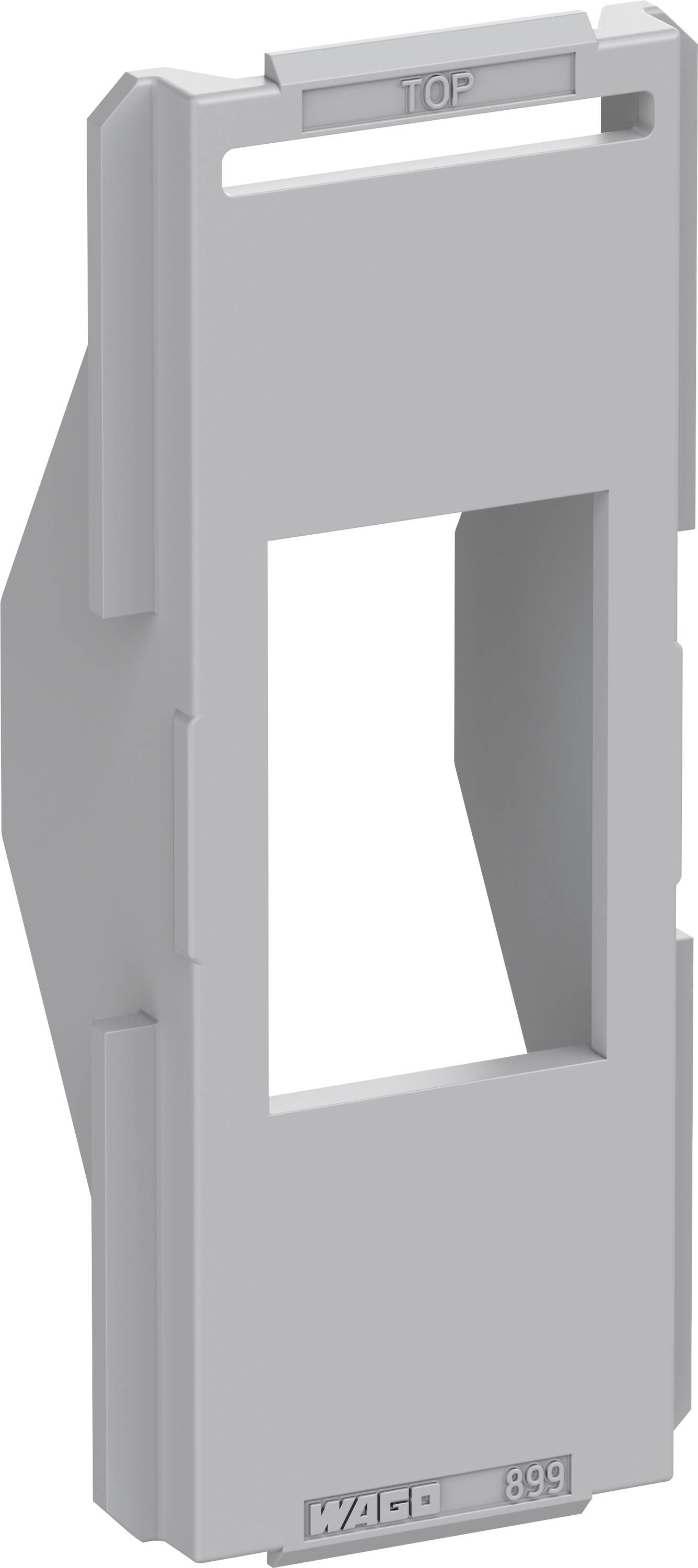 A grey plastic cover with a rectangular cut-out, marked 'TOP' at the top.