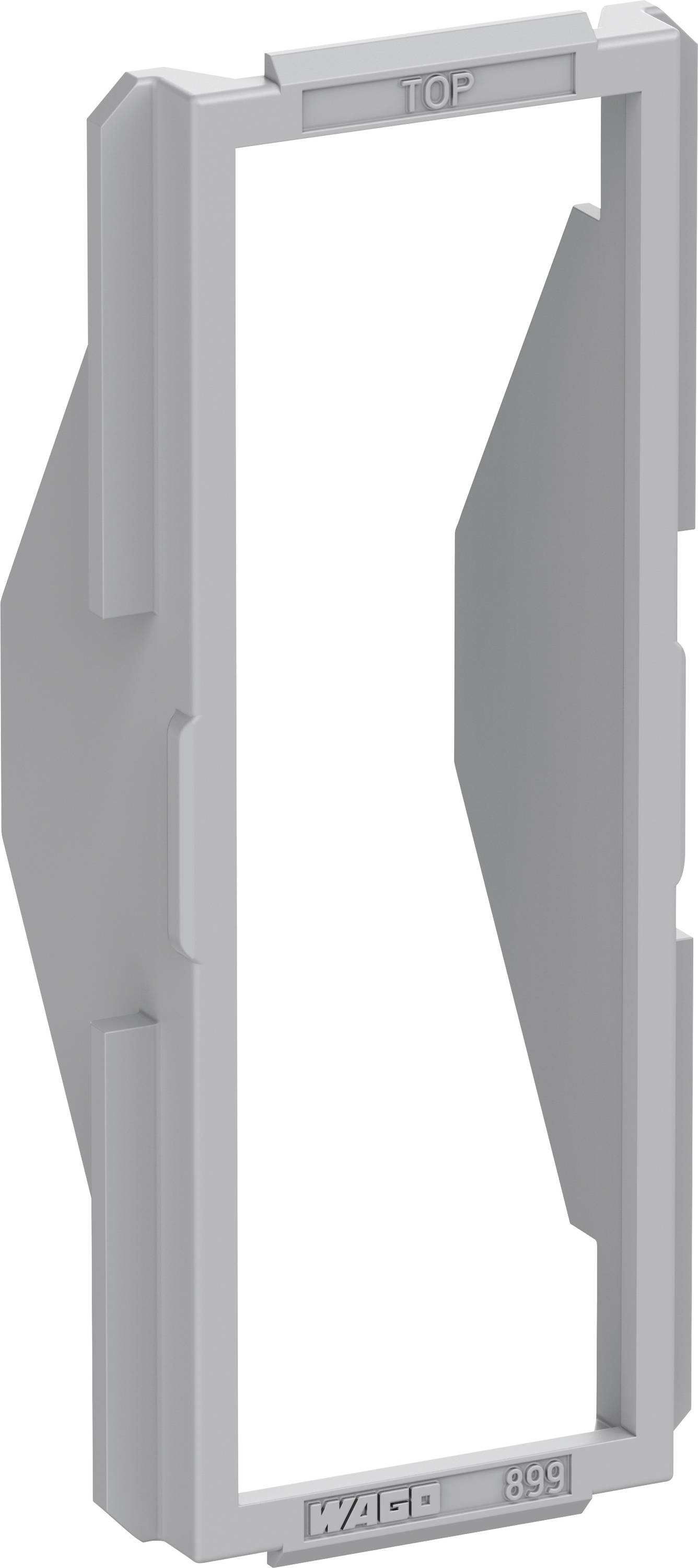 Grey, rectangular plastic component with 'TOP' and 'WAGO 899' visible. The structure could potentially serve as a mounting bracket or frame.