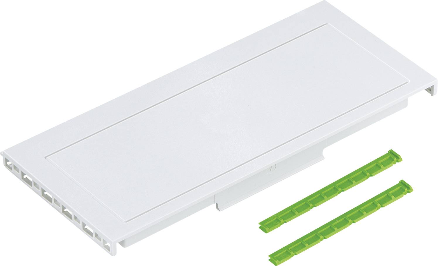 Cable management system cover in white, with two green mounting clips. Suitable for organising cables in offices.