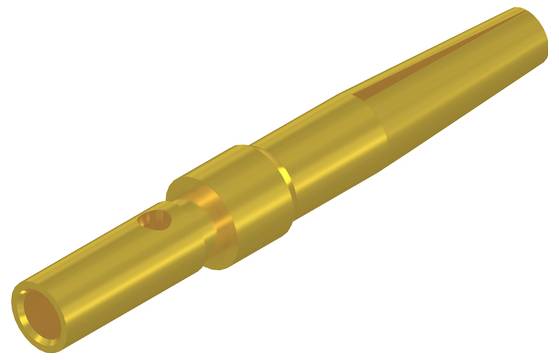 A gold-coloured cylindrical metal pin with a small lateral hole.