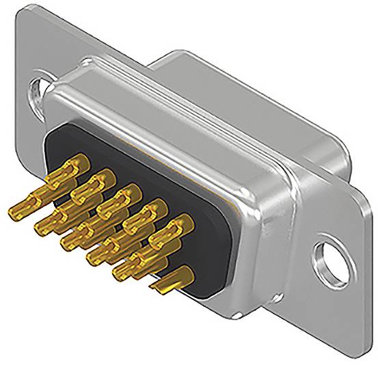 A silver D-sub plug with nine gold-plated pins, a typical computer connector device. Used for data transmission.