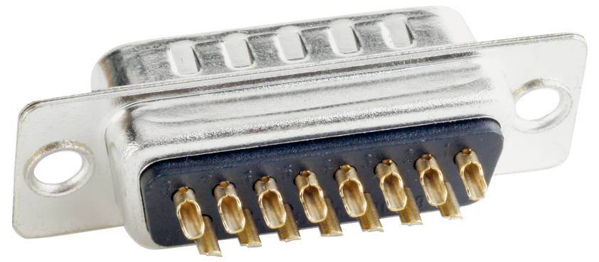 A silver-coloured D-sub plug with two screw fixings and 13 gold-plated pins, commonly used for technical connections.