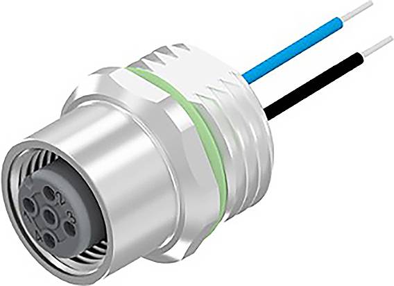 Metallic circular connector with multiple pins. Two wires, blue and black, are attached to it.