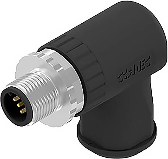 A compact, black M12 connector with a right-angled housing, suitable for industrial applications.