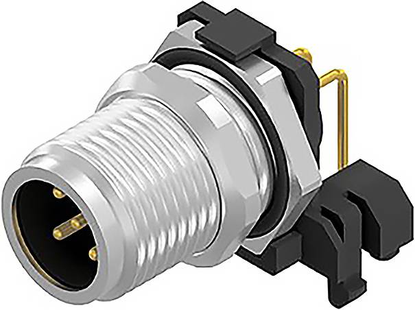 A silver, cylindrical connector with three golden pins and a black plastic housing on the side.