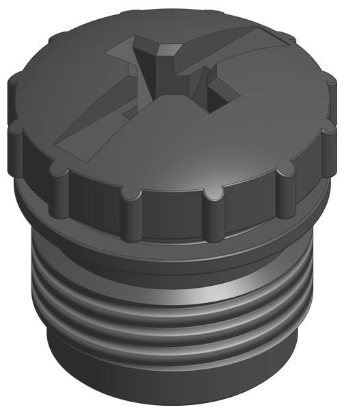 A black, ribbed plastic screw cap with a cross-head slot, potentially used for sealing a container.