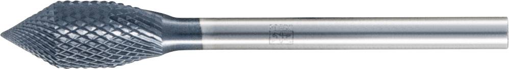 Milling cutter with a tapered form and cross-fluted cutting head made from tungsten carbide, suitable for metalworking and detailed tasks.