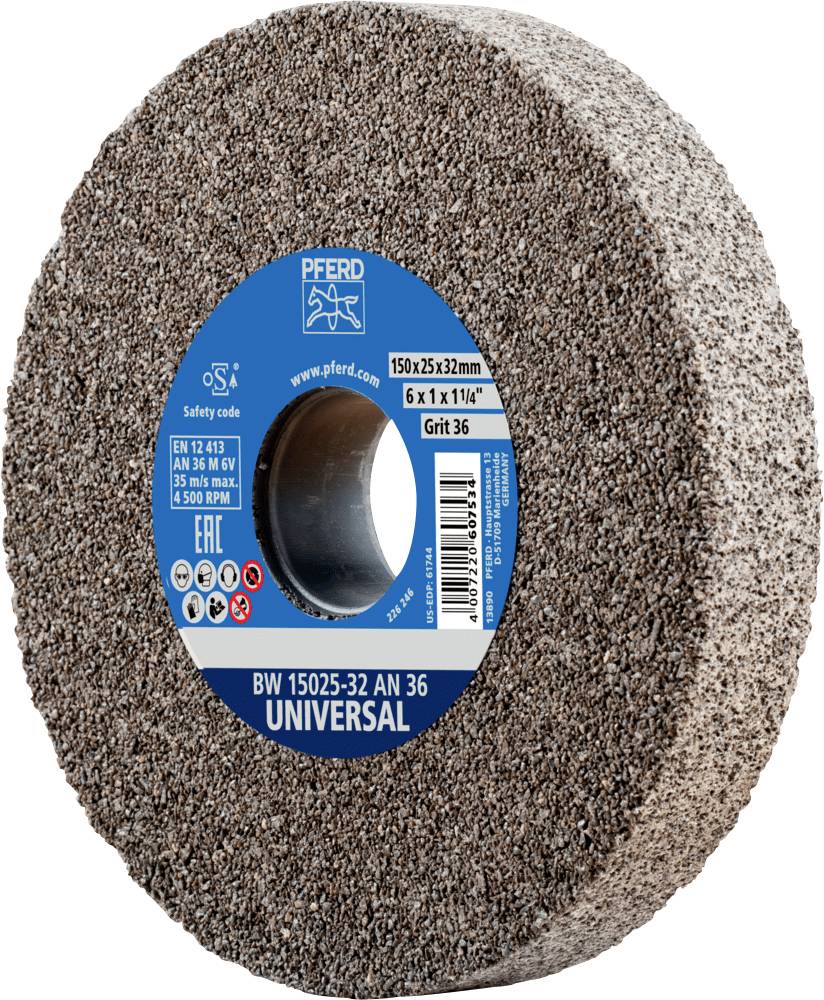 Grinding wheel, circular, with label, size 150x25x32 mm, grit 36, for universal use, manufacturer's logo visible.