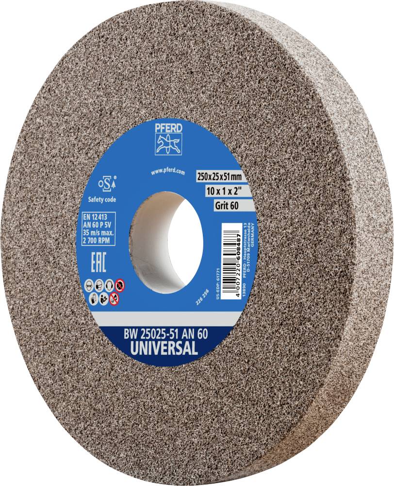 Grinding wheel with blue label: 'UNIVERSAL', diameter 250 mm, grit 60, safety certificates and product details visible.
