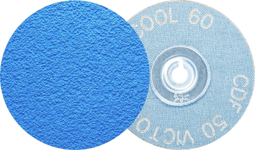 Grinding wheels in blue, with coarse texture on the left, on the right with print 'COOL 60'. Used for grinding or polishing.
