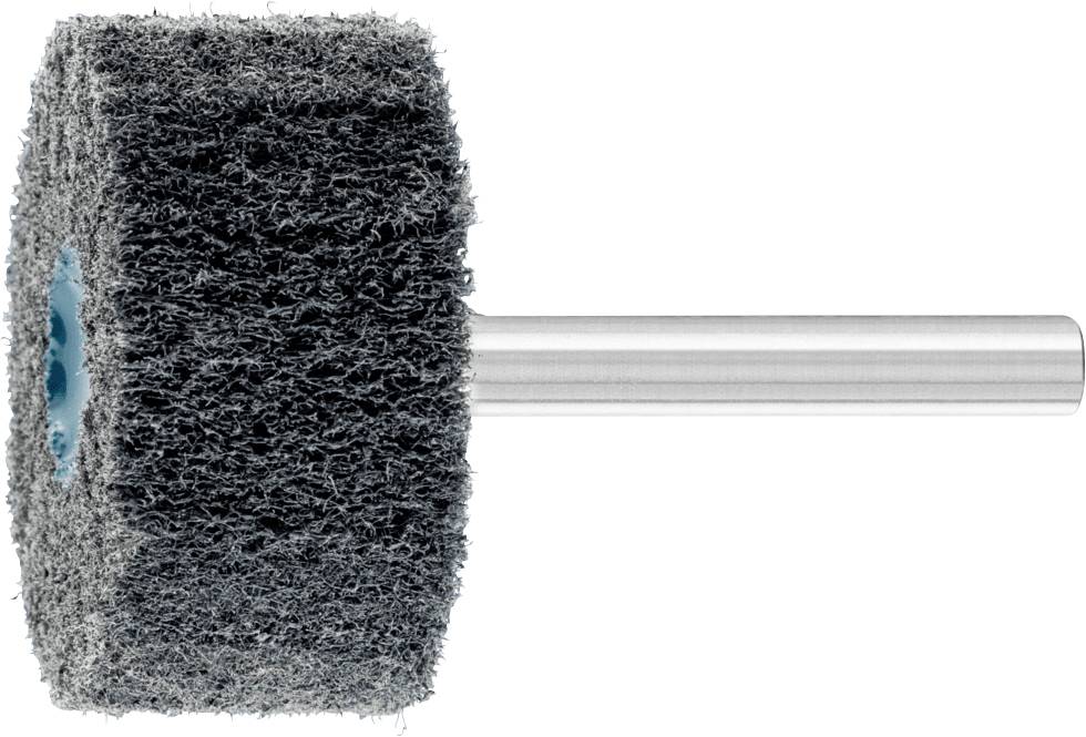Grinding wheel with dense, grey fibres and metal rod in the centre, used for surface grinding in hand-operated tools.
