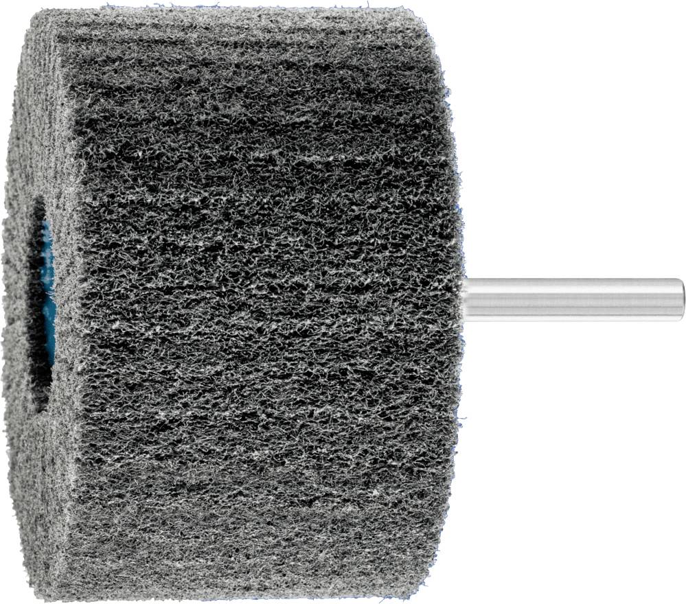 Grey grinding or polishing attachment with metal handle, suitable for machine processing. Primarily used for smoothing or polishing surfaces.