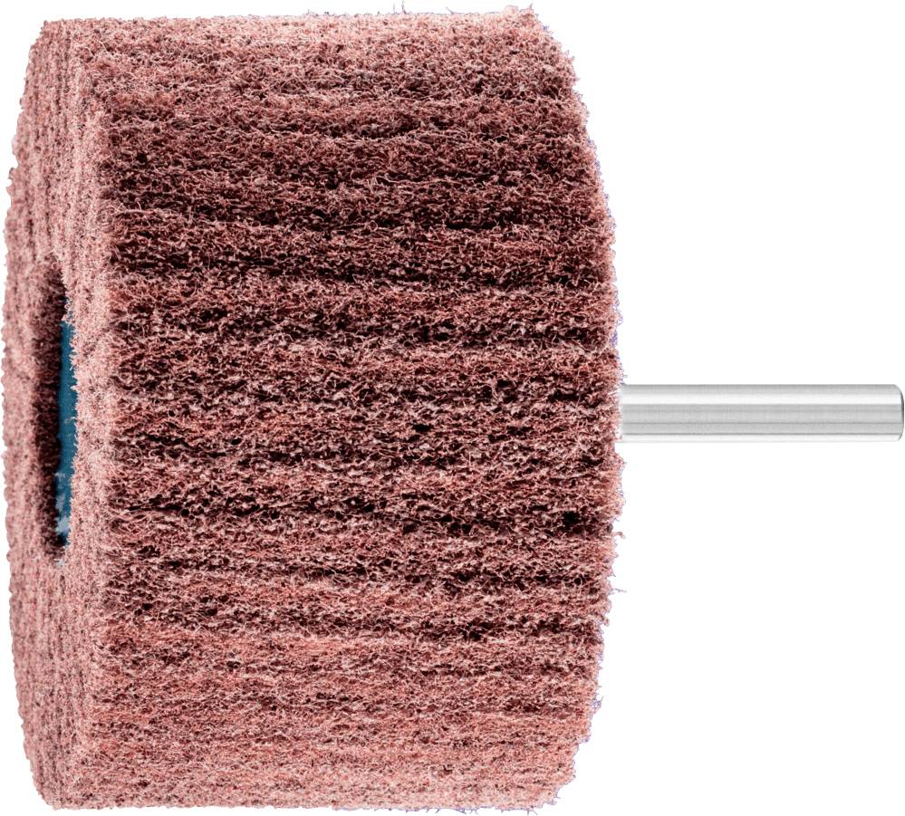 A reddish-brown abrasive fleece roller attachment with metal shaft, for surface treatment and polishing.
