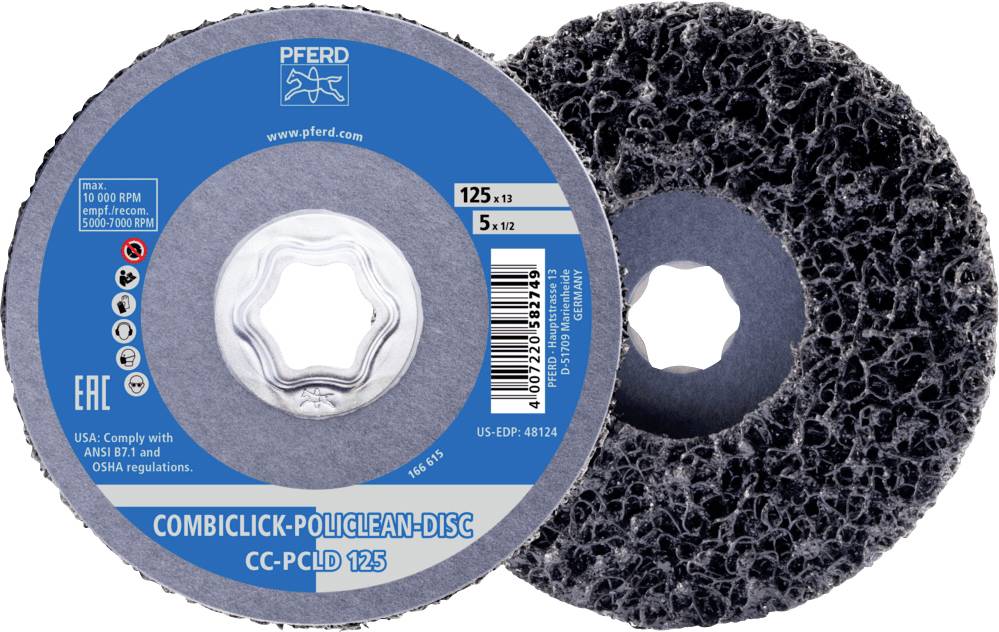 'COMBICLICK-POLICLEAN-DISC' grinding disc by PFERD, diameter 125 mm. For surface cleaning at 125 m/s; complies with ANSI B7.1.