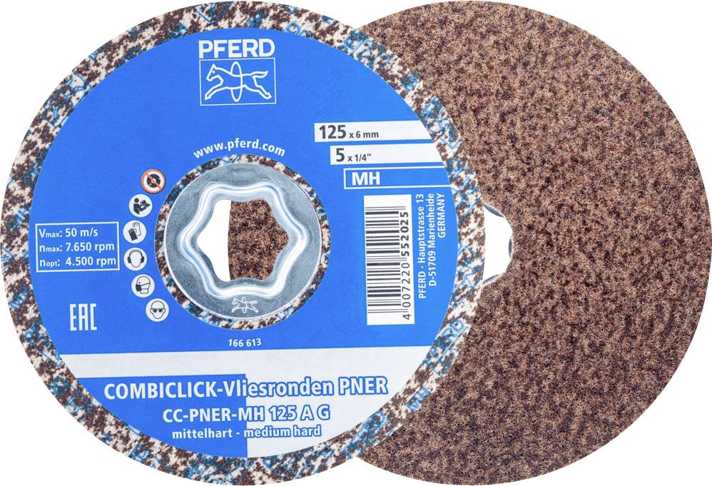 PFERD abrasive fleece disc, Combiclick PNER model, medium-hard, 125 mm diameter. Predominantly brown texture.