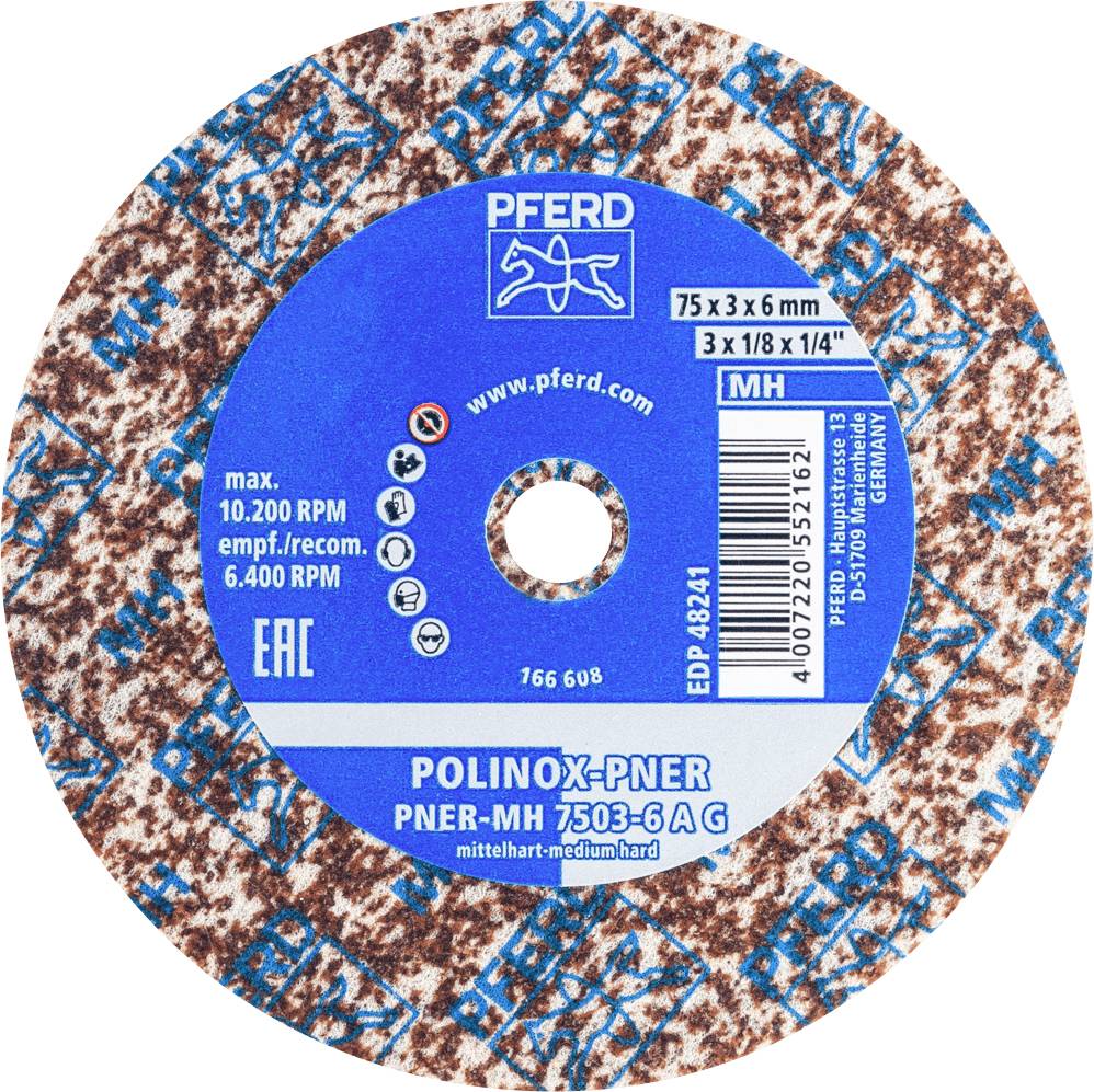 Grinding wheel with blue label. Inscription: 'POLINOX-PNER', Dimensions: 75 x 3 x 6 mm. Manufacturer: PFERD. Maximum speed: 10,200 RPM.