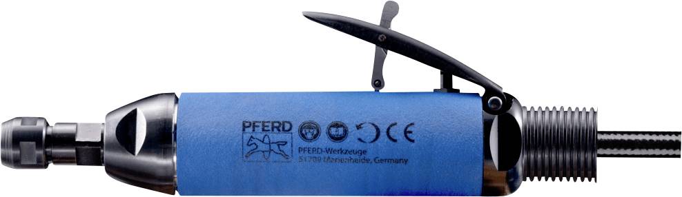 A blue compressed air grinding pen by PFERD with CE marking and technical details, shown from the side.