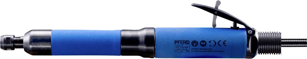 Blue pneumatic screwdriver with black handle and lever, suitable for industrial applications. Manufacturer information on the page.