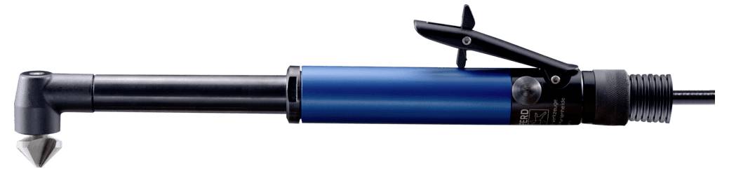 Pneumatic screwdriver with a blue casing and black handle. The tool has an angled head with an attachment for screwing.