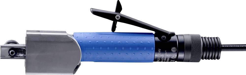 A metal tool with a blue handle and a black lever. It is designed for cutting or working with materials.