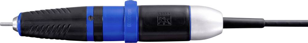 A rotating medical handpiece with blue and black details, used for surgical procedures, with an attached cable.