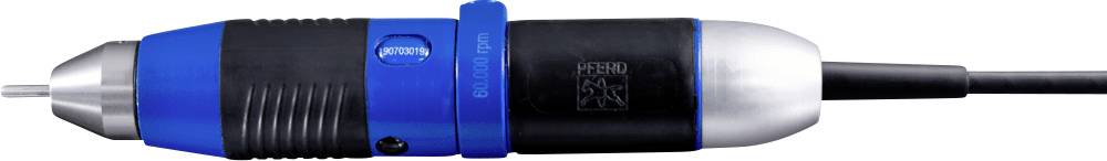 Electric power tool with a blue-black handle, metal drill bit attached on the left, cable connection on the right, suitable for tasks such as drilling.