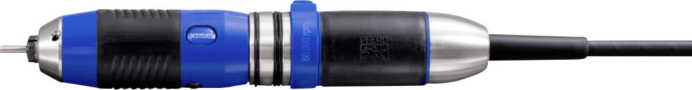 Electric drill in black and blue with power cable. Front view shows the drill head with chuck.