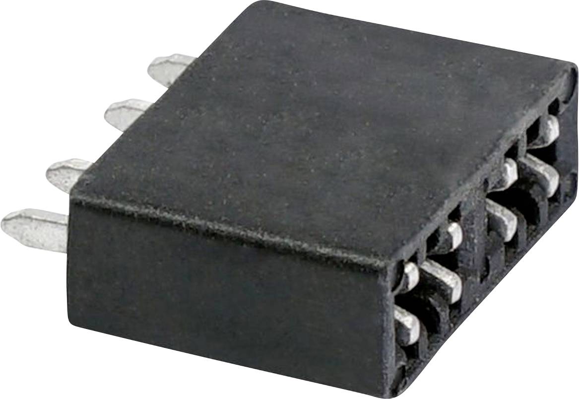 A black electronic plug with multiple metal pins, suitable for connection to electronic circuits or devices.