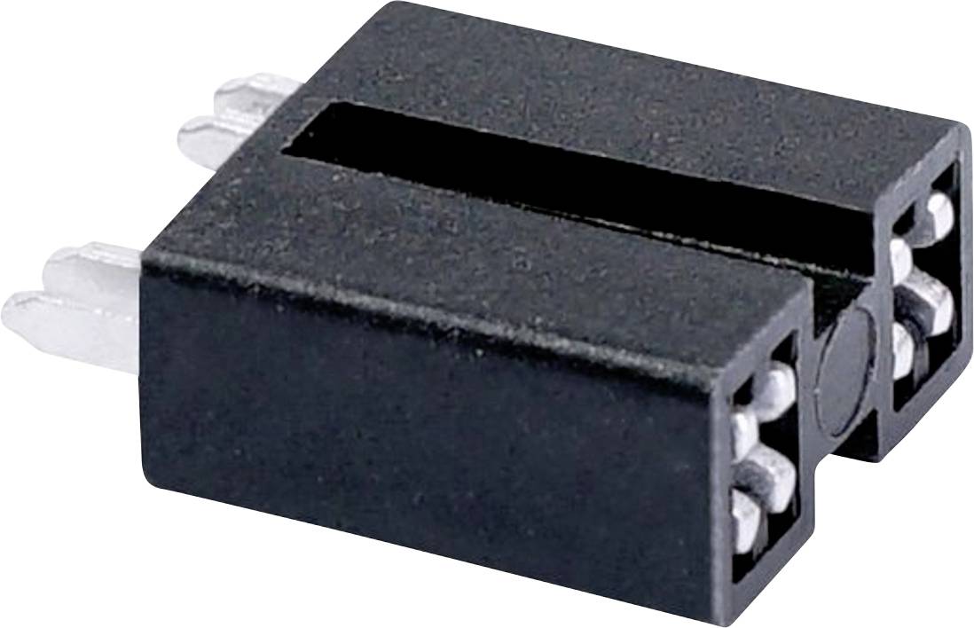 A black jumper with two connections, commonly used for creating electrical connections on circuit boards.