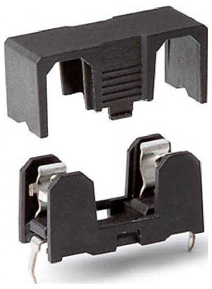 A black, two-piece plastic enclosure for electronic components, comprising an upper and lower cover with metal contacts.